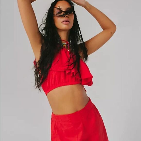 Free People Take Me Out Convertible Red Cotton Top M NEW - Picture 3 of 8